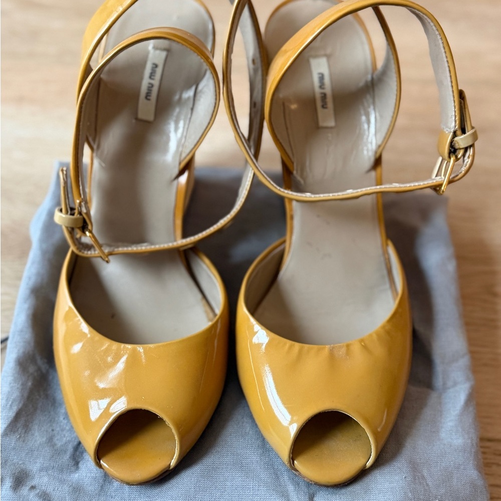 Miu Miu Mustard Yellow Patent Peep-Toe Ankle Strap Heels
